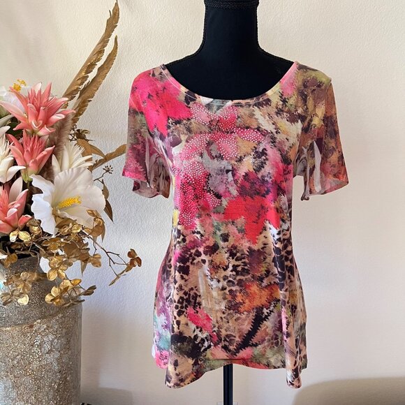 Y2k Floral & Cheetah Print Flowy Pink and Brown Rhinestones Top w Sheer Sleeves - Picture 1 of 10
